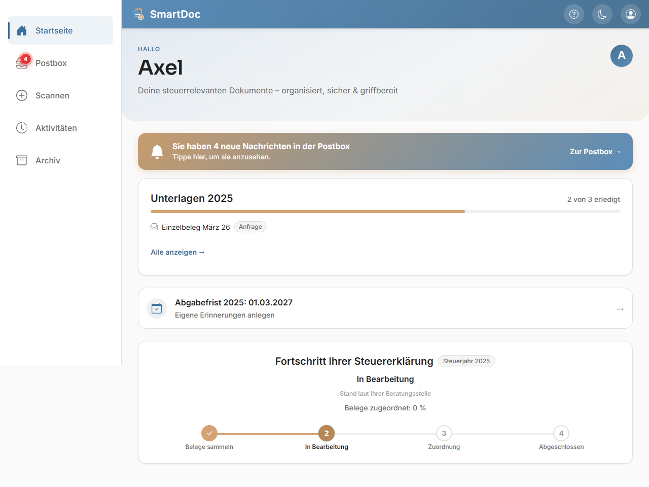 TXfile-Startseite eines Mandanten: Jahres-Checkliste, Abgabefrist und Fortschritt der Steuererklärung