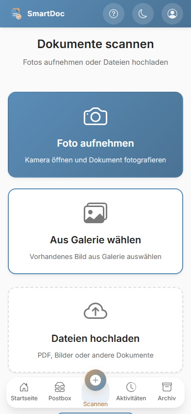 TXfile-Scanansicht: Foto aufnehmen, aus Galerie wählen oder Dateien hochladen